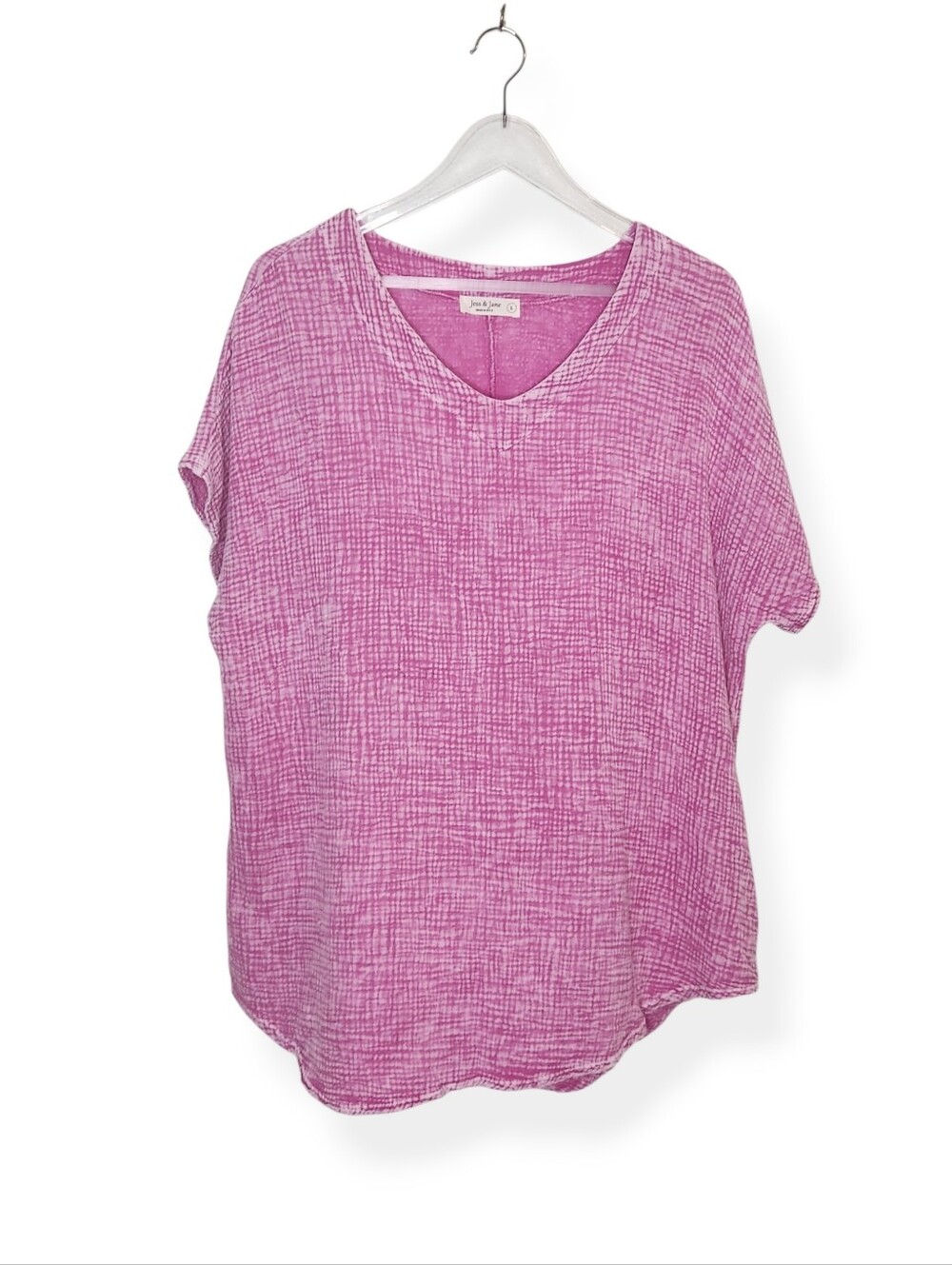 Jess & Jane Pink Textured Gauze Boho Short Sleeve Top Size Large Soft Shirt